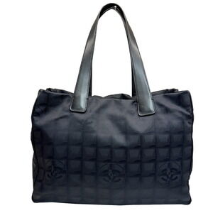 CHANEL Travel Line Tote Nylon Canvas Leather Black Bag Shoulder